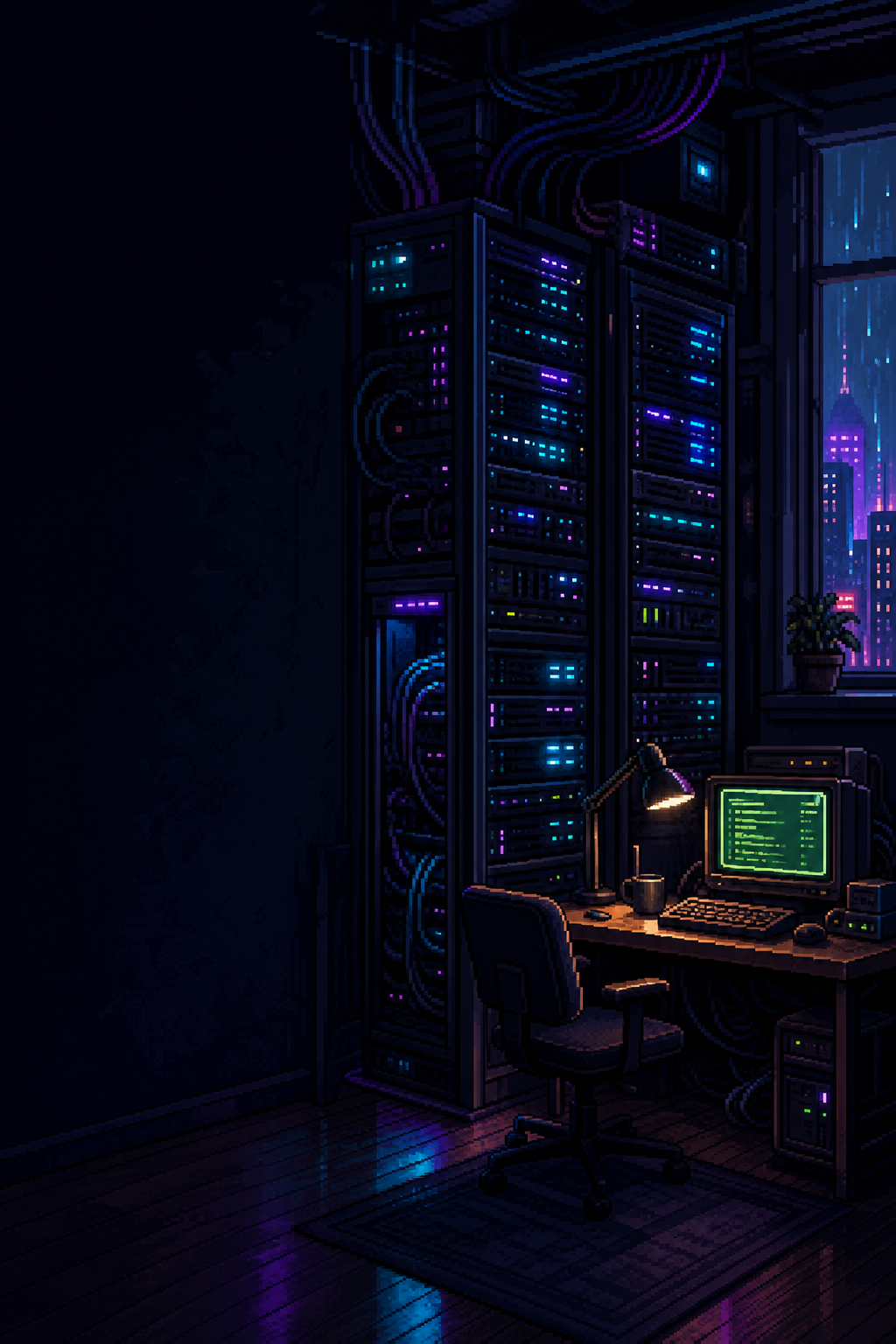 Pixel-art home server room with glowing racks and a terminal workstation