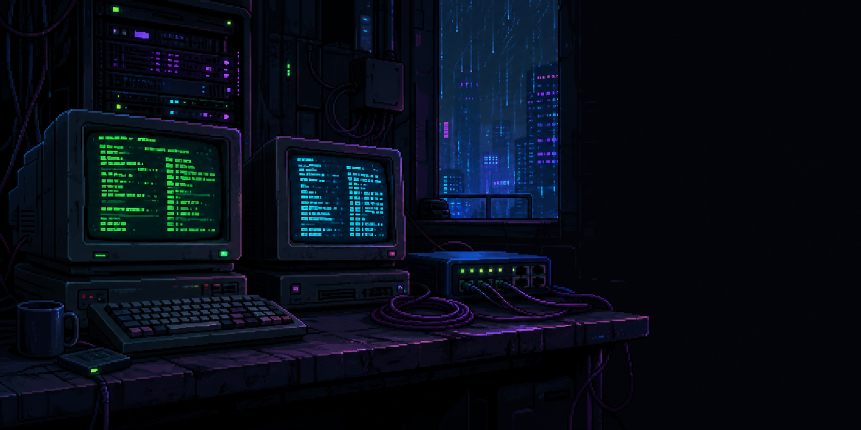 Pixel-art terminal workstation in a neon-lit home lab